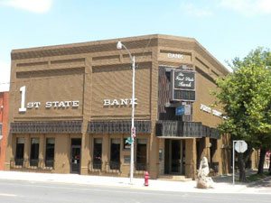 The First State Bank building at 6th and Main in Kiowa